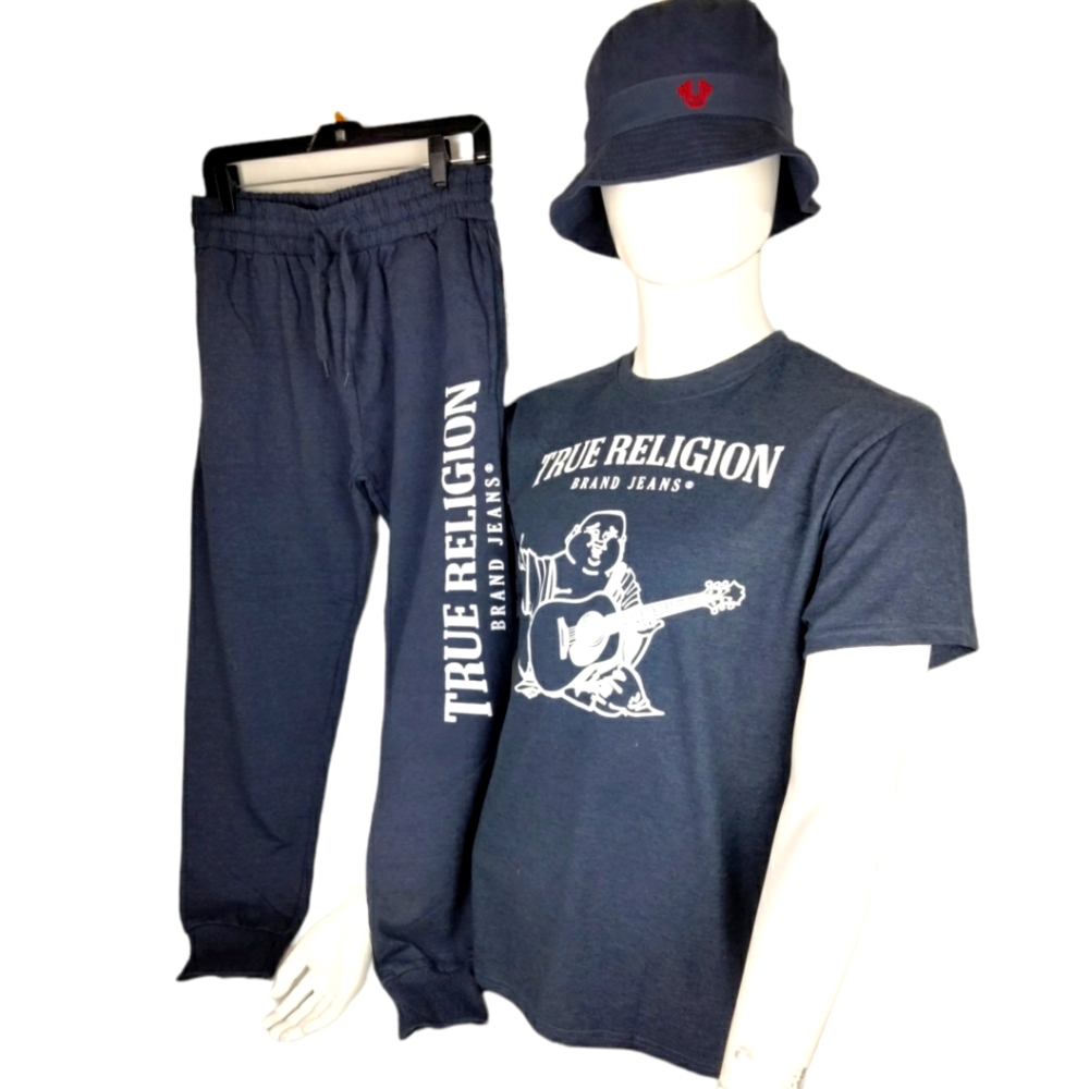 NWT Large Navy Blue True Religion T-shirt  Joggers  and red and Navy blue hat.